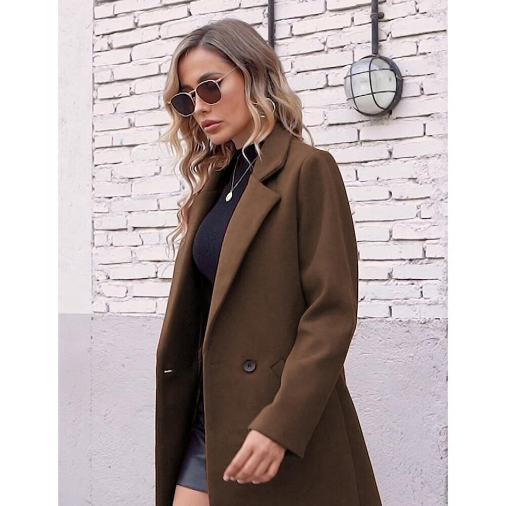 Women's Winter Wool Coat Casual Notch Lapel Single-Breasted Peacoat - Picture 5 of 6